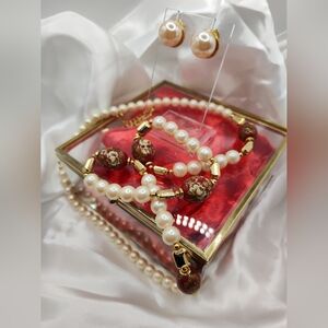 Japan Faux Pearl, Painted Bead Necklace With Avon Button Pearl Pierced Earrings